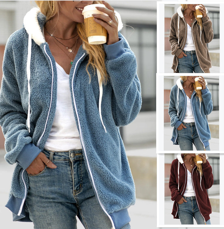 New Autumn And Winter Loose Plush Zipper Hooded Jacket Women