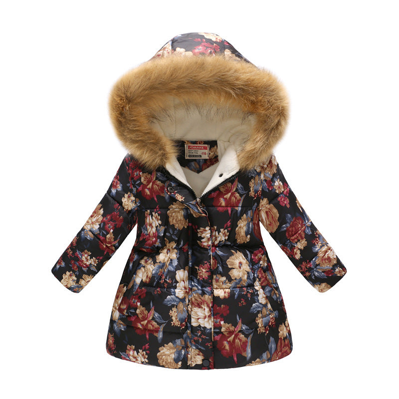 Children's long fur collar hooded cotton jacket