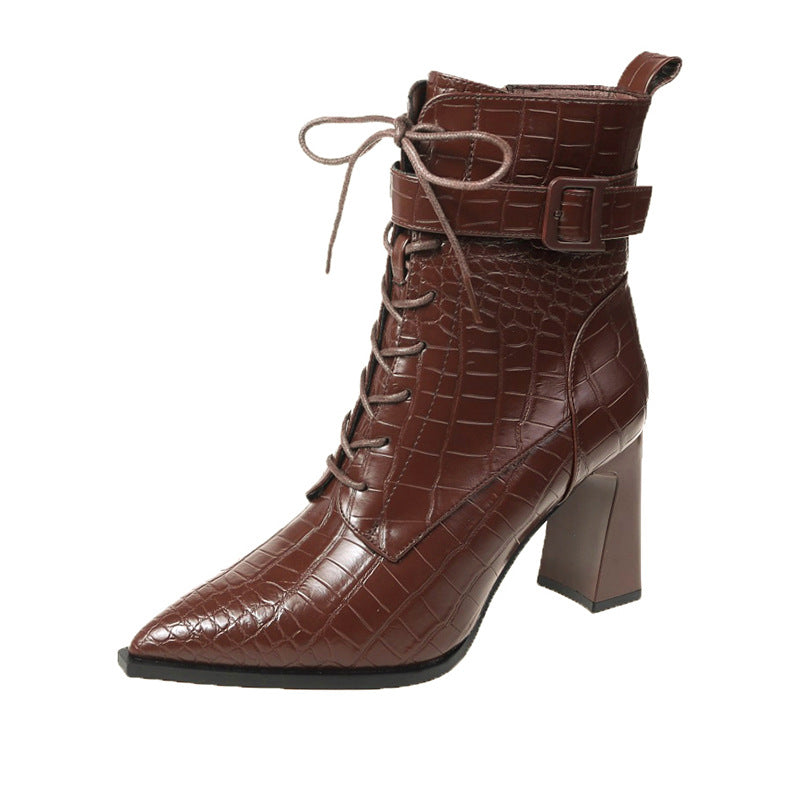 Pointed-toe Boots Winter Alligator Pattern Lace-up Shoes Women