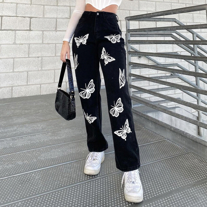 Women's New Fashion Butterfly Print High-Waisted Straight-Leg Jeans