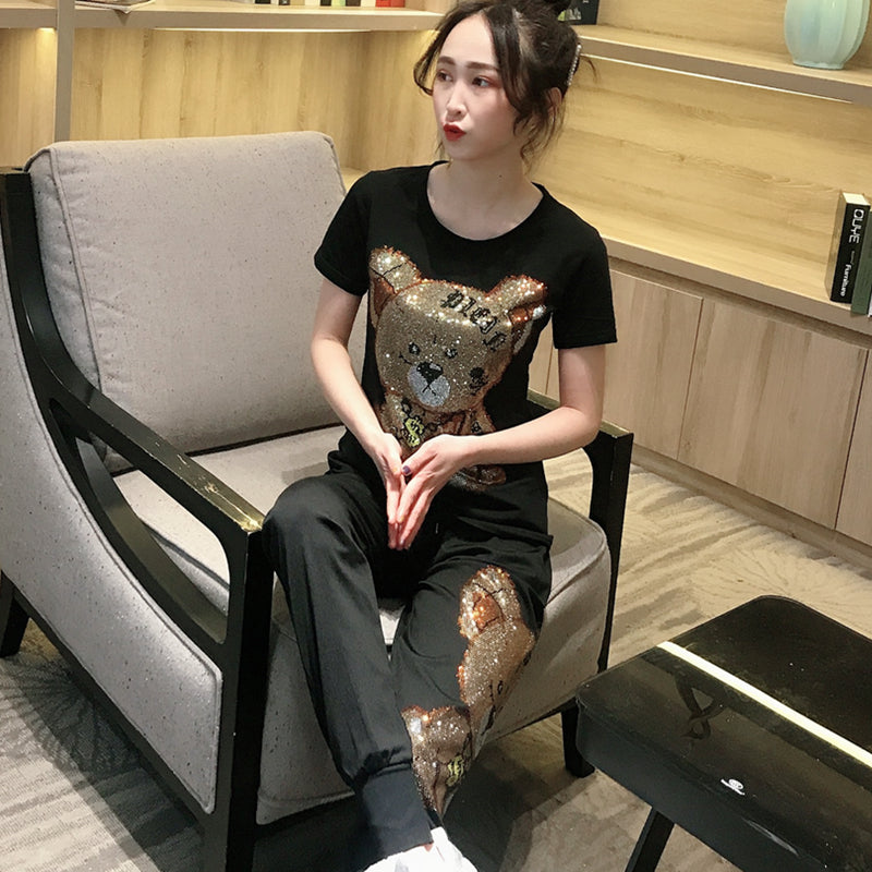 Round Neck Short-sleeved T-shirt Cartoon Bear Hot Drilling Casual Trousers Half-sleeved Men And Women