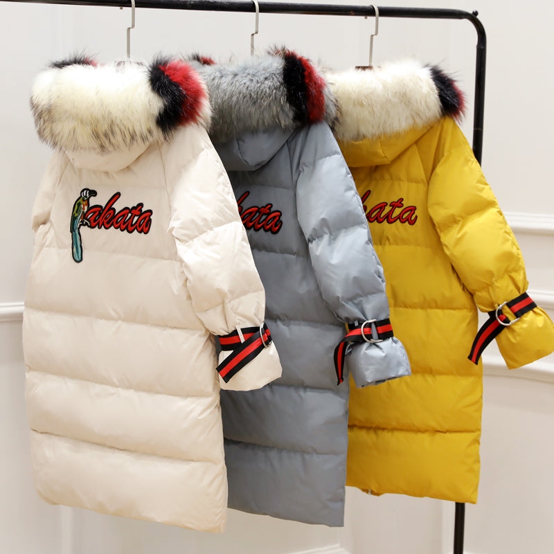 Large fur collar mid-length down jacket