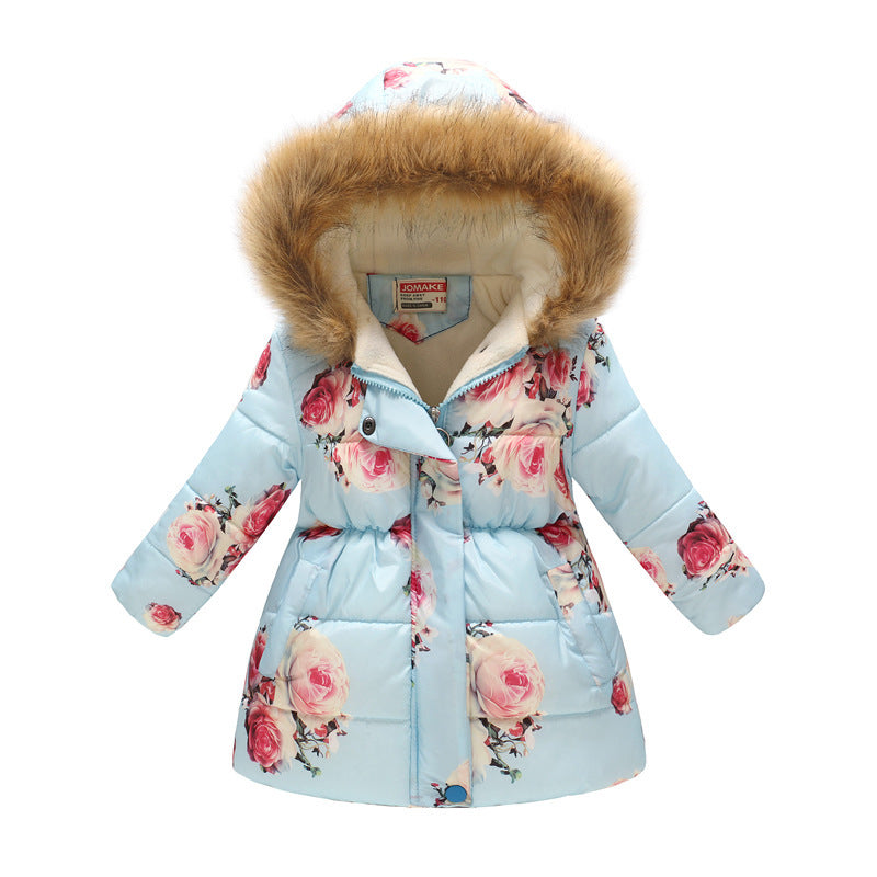 Children's long fur collar hooded cotton jacket