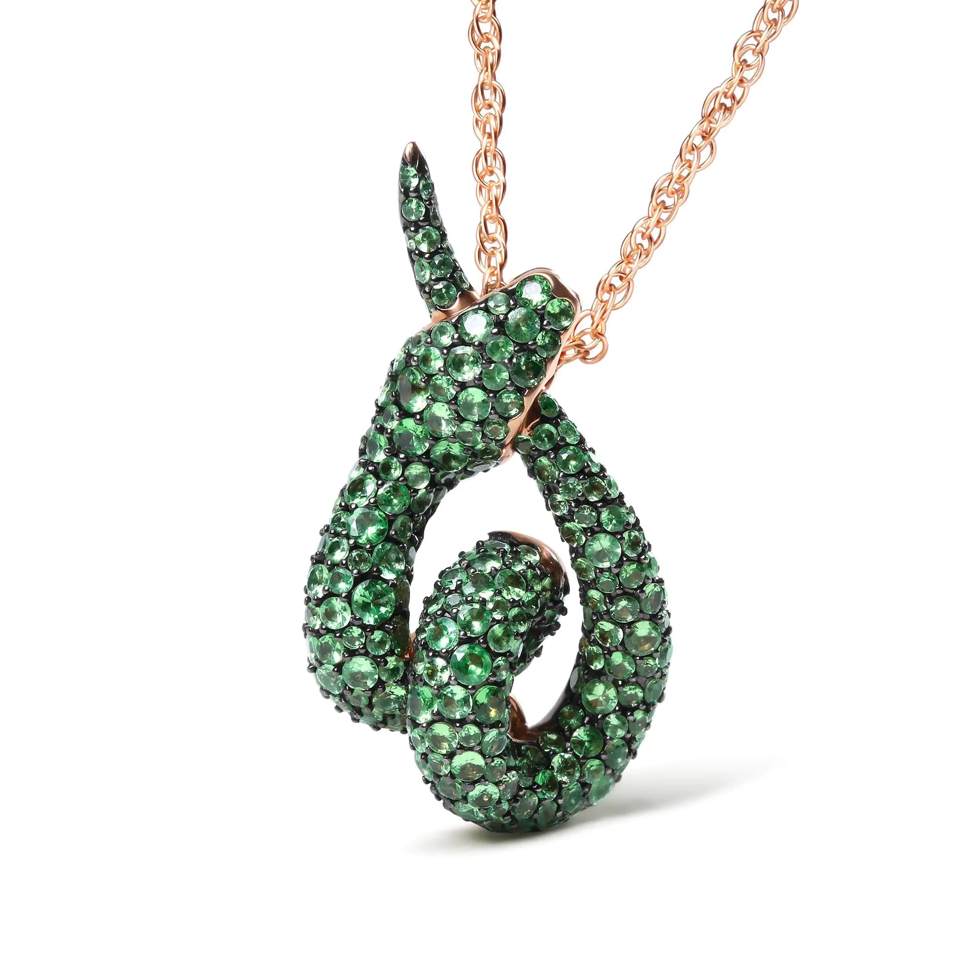 18K Rose Gold Round Green Tsavorite Gemstone Cluster Spiral Snake Design 18" Pendant Necklace (AAA+ Quality)