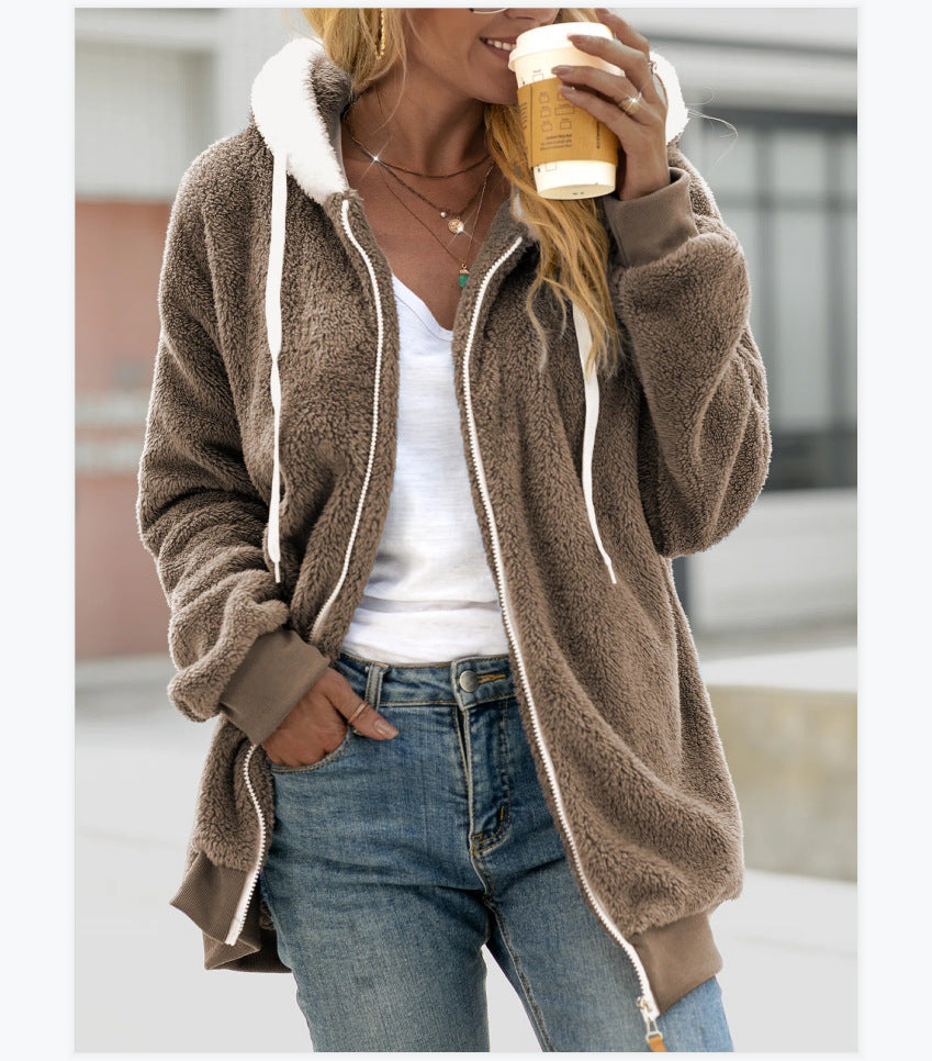 New Autumn And Winter Loose Plush Zipper Hooded Jacket Women