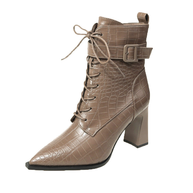 Pointed-toe Boots Winter Alligator Pattern Lace-up Shoes Women