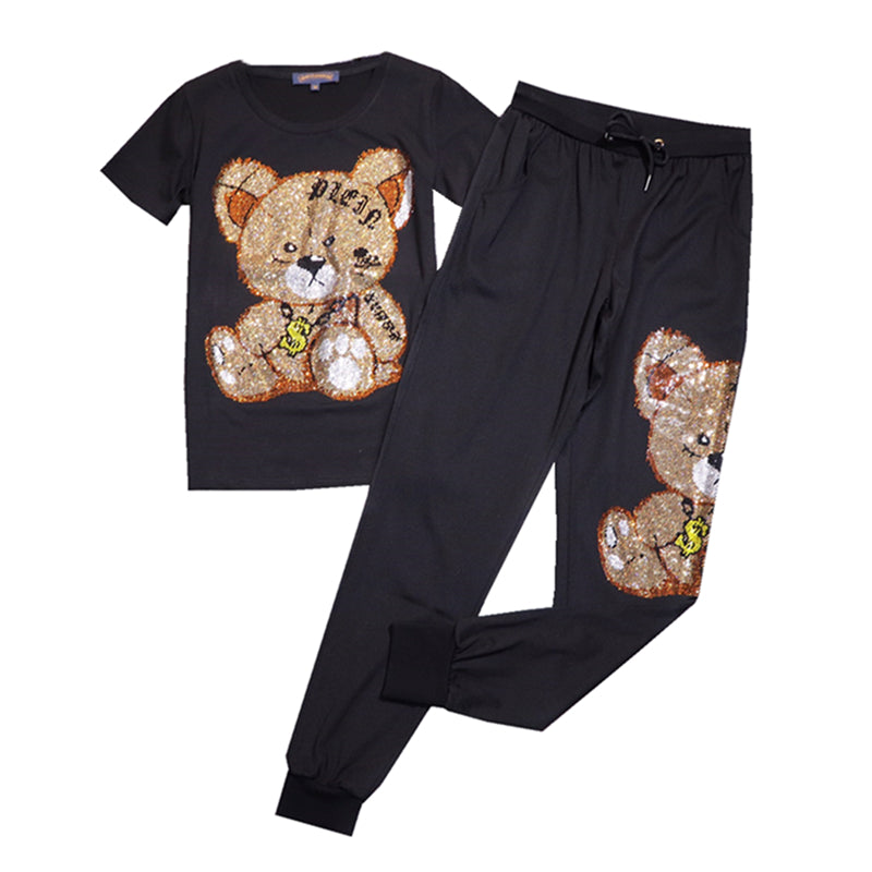 Round Neck Short-sleeved T-shirt Cartoon Bear Hot Drilling Casual Trousers Half-sleeved Men And Women