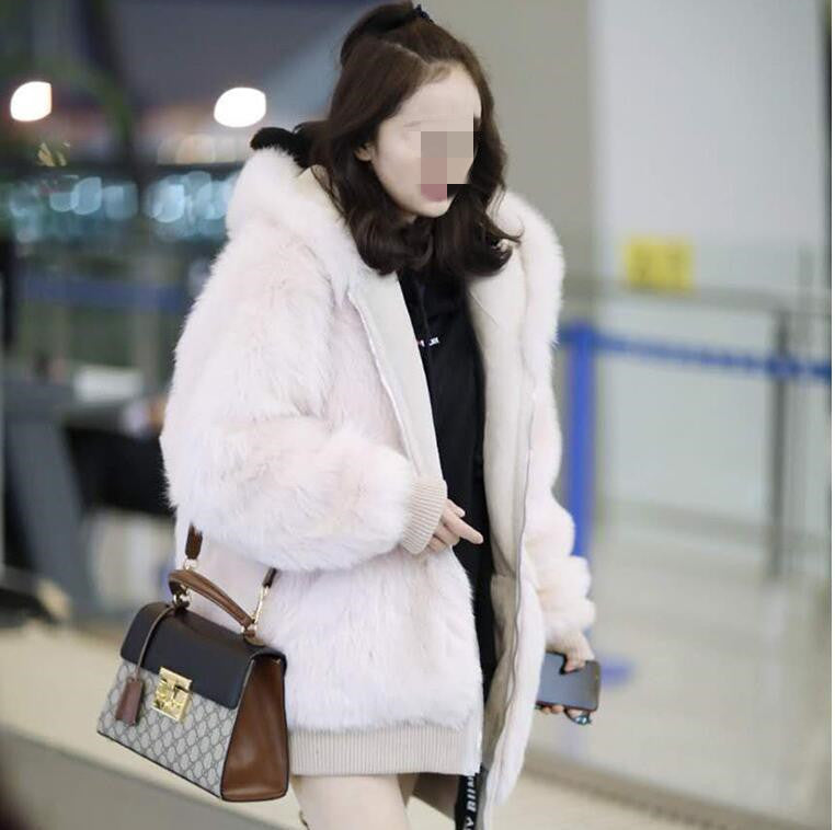 Long hooded fur coat