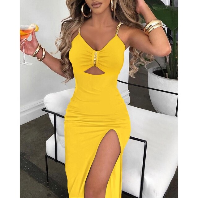 V-Neck Chain Décor Cutout High Slit Dress