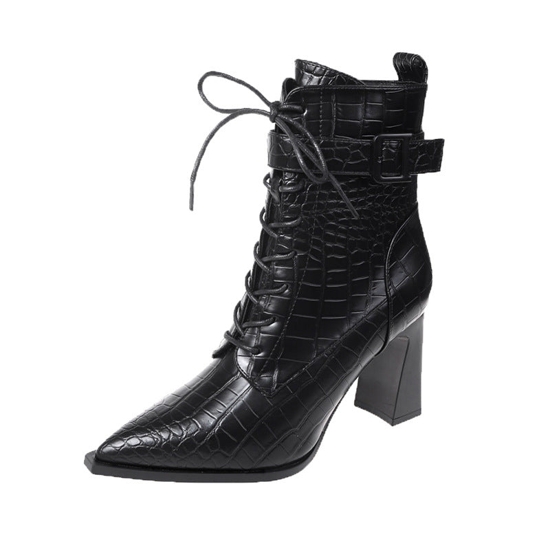 Pointed-toe Boots Winter Alligator Pattern Lace-up Shoes Women