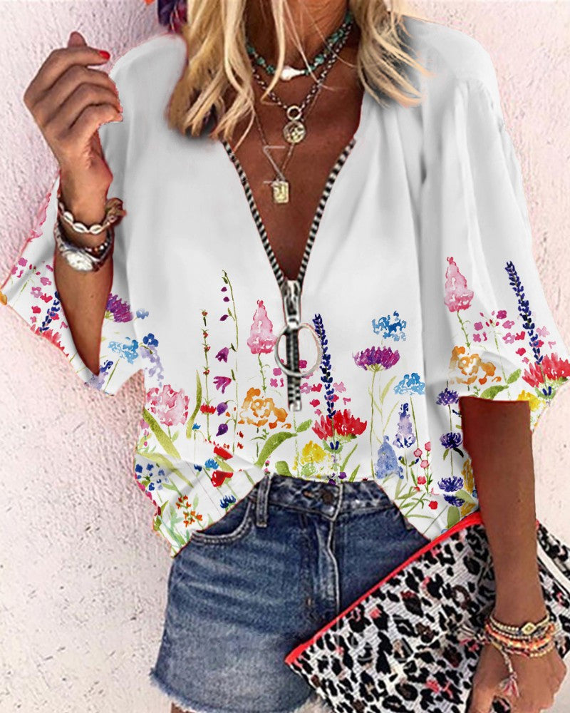 V-neck Half-sleeve Zipper Blouse Women