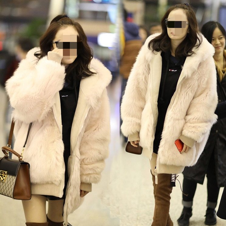 Long hooded fur coat