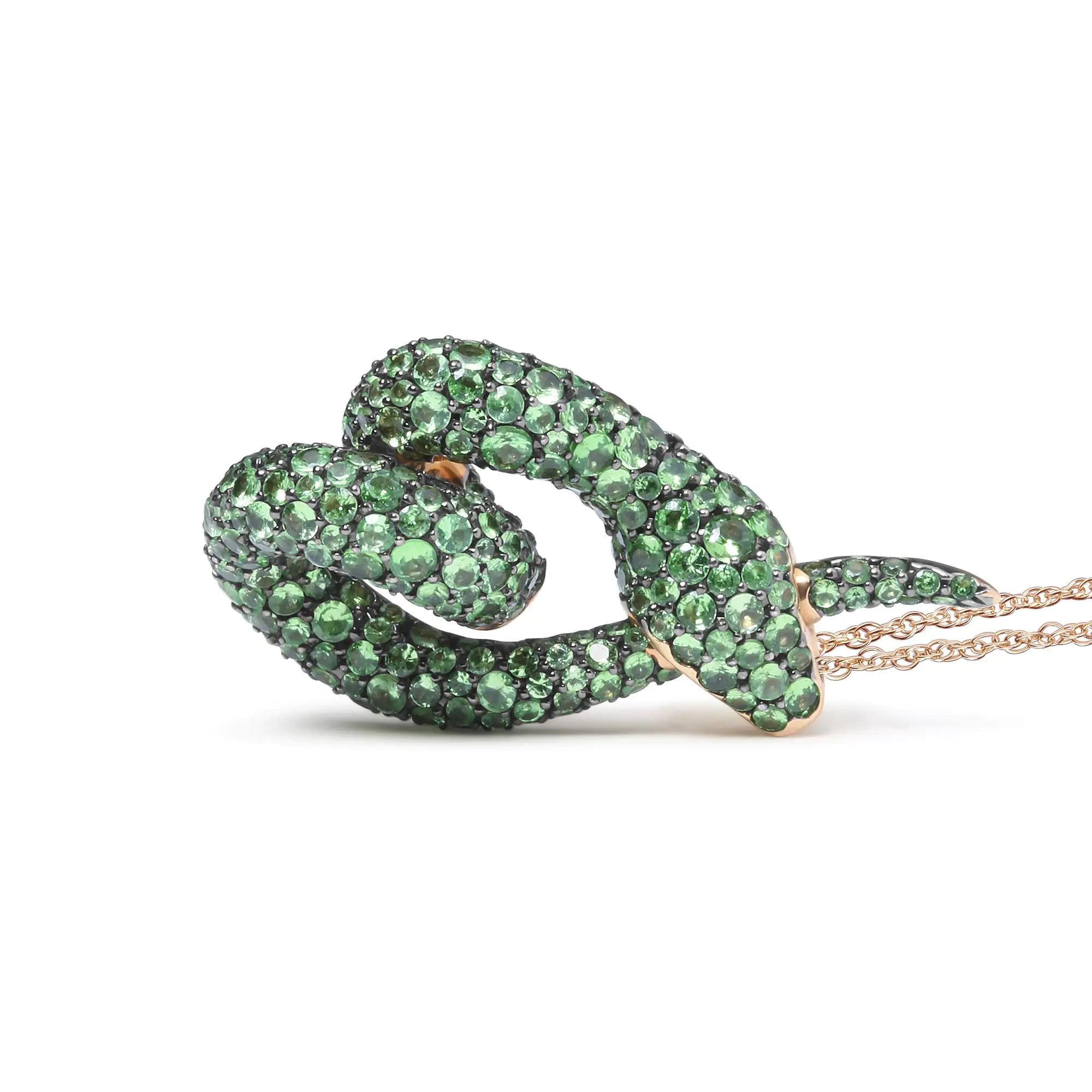 18K Rose Gold Round Green Tsavorite Gemstone Cluster Spiral Snake Design 18" Pendant Necklace (AAA+ Quality)