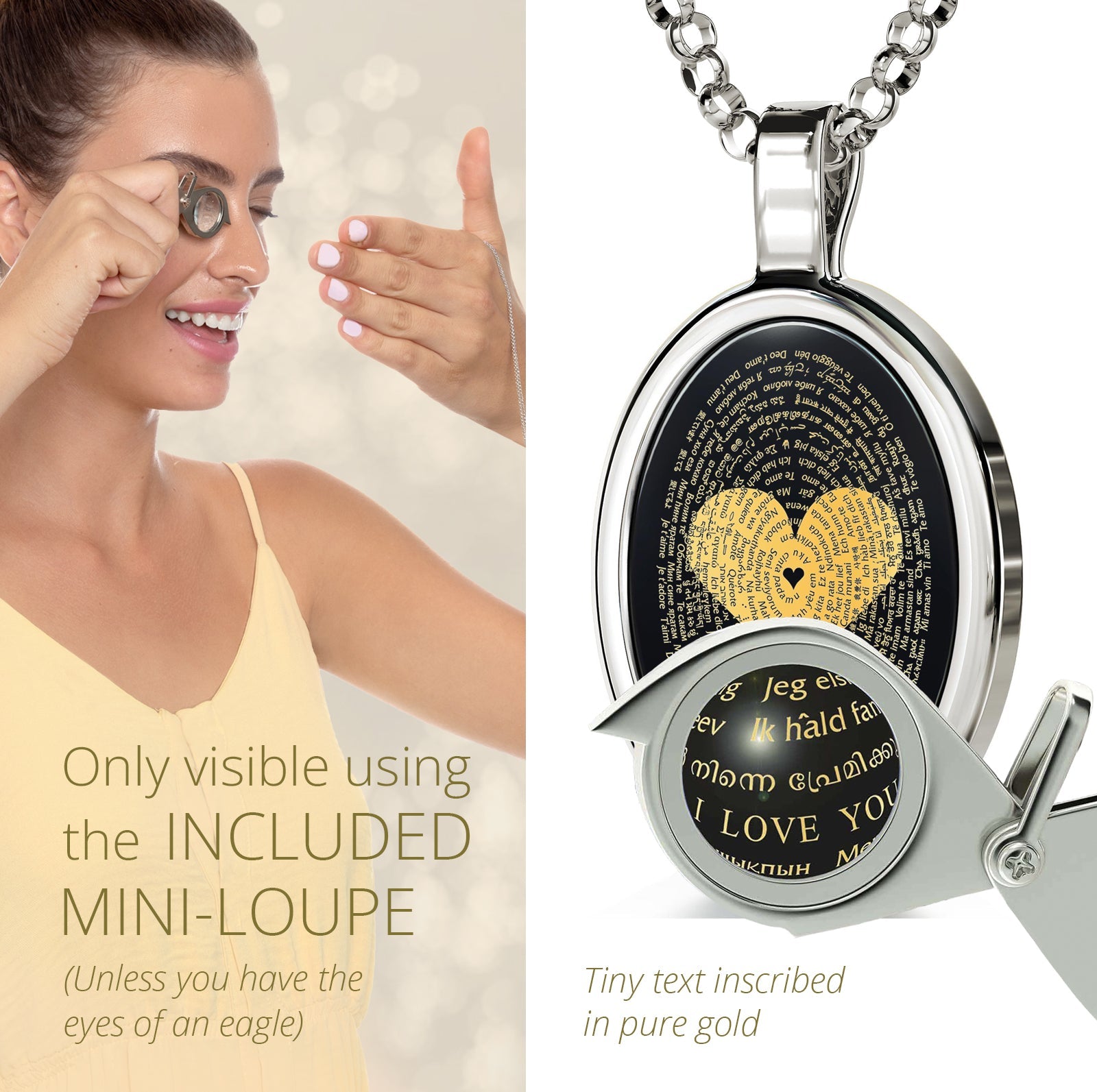 I Love You Necklace in 120 Languages 24k Gold Inscribed Onyx